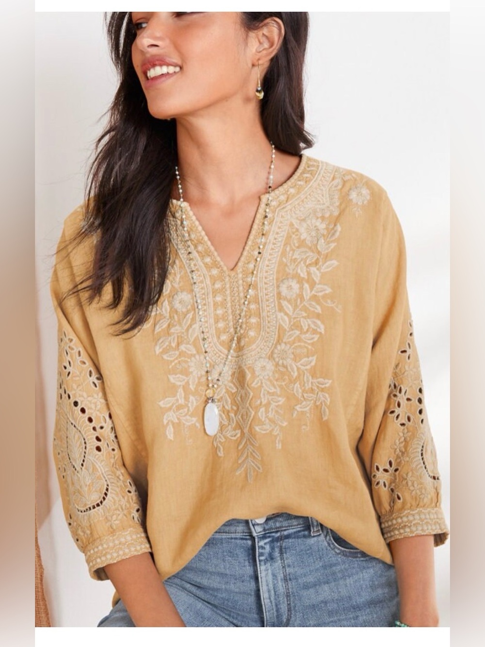 Johnny Was LA Kemi Linen Embroidered Peasant Top Yellow Sz M